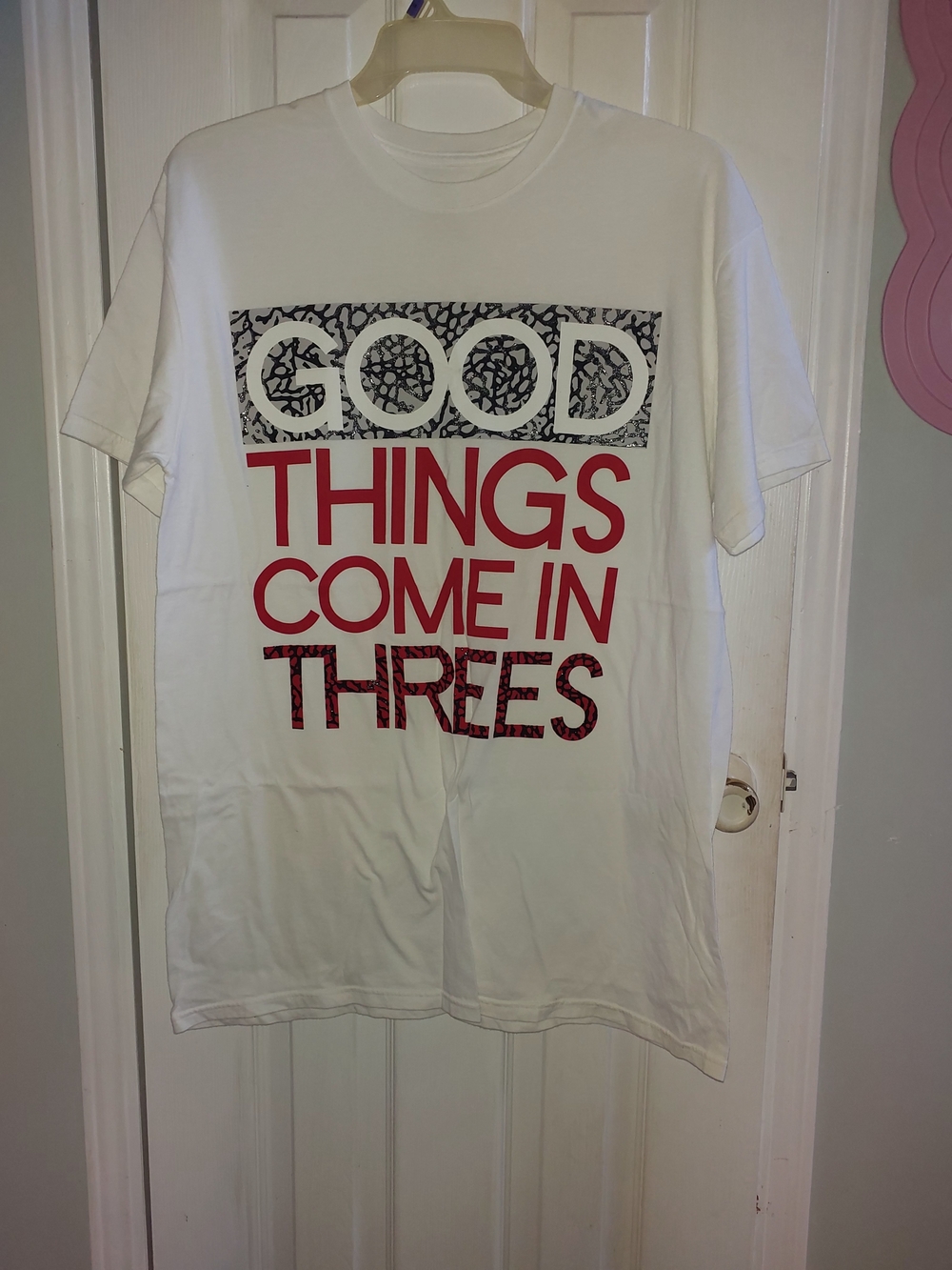 Jordan White T-Shirt with Black and Red Graphic "Good Things Come in Threes" XL